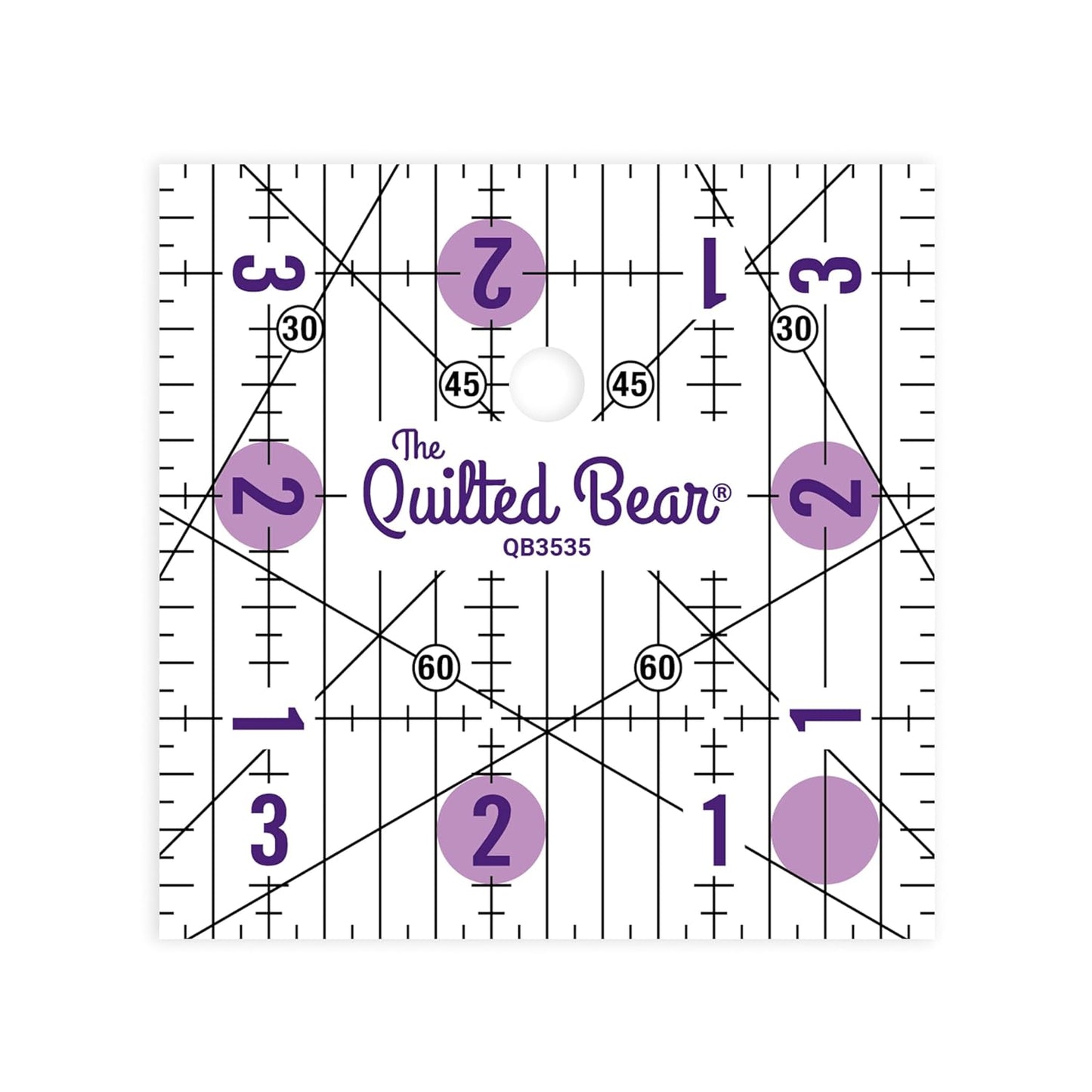 The Quilted Bear Quilting Rulers - Transparent Acrylic Non Slip Quilting, Patchwork & Sewing Ruler with Clear Black Lines & 30, 45 & 60 Degree Angles for Perfect Accuracy & Precision (3.5" x 3.5")