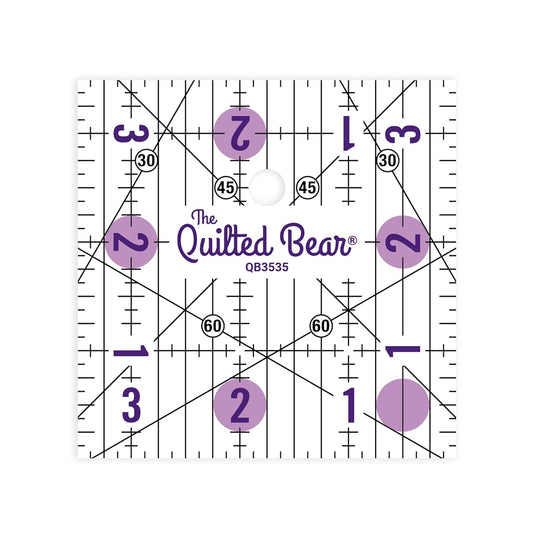 The Quilted Bear Quilting Rulers - Transparent Acrylic Non Slip Quilting, Patchwork & Sewing Ruler with Clear Black Lines & 30, 45 & 60 Degree Angles for Perfect Accuracy & Precision (3.5" x 3.5")