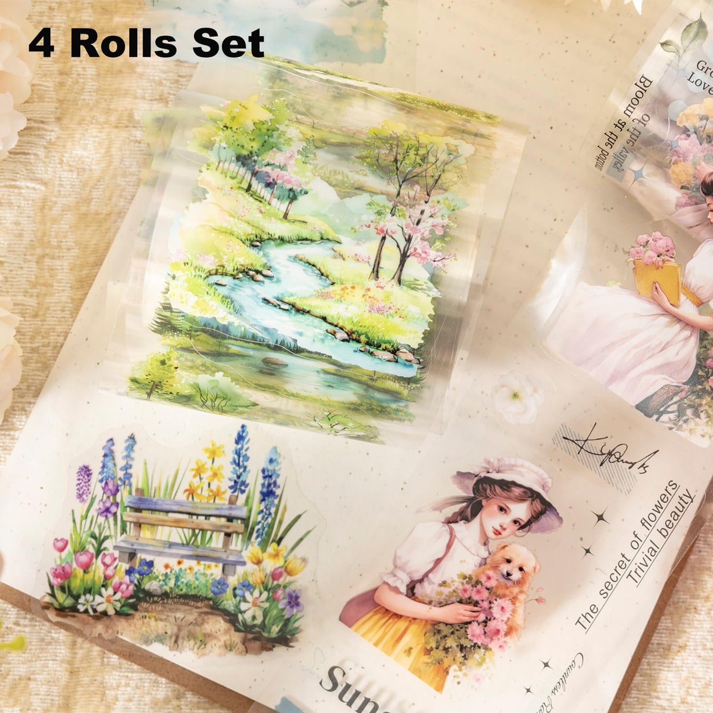 Girl and Scenic PET Tape Set, 4 Rolls Pre-Cut Adhesive Tapes for Scrapbooking, Junk Journaling, DIY Crafts, and Art Supplies