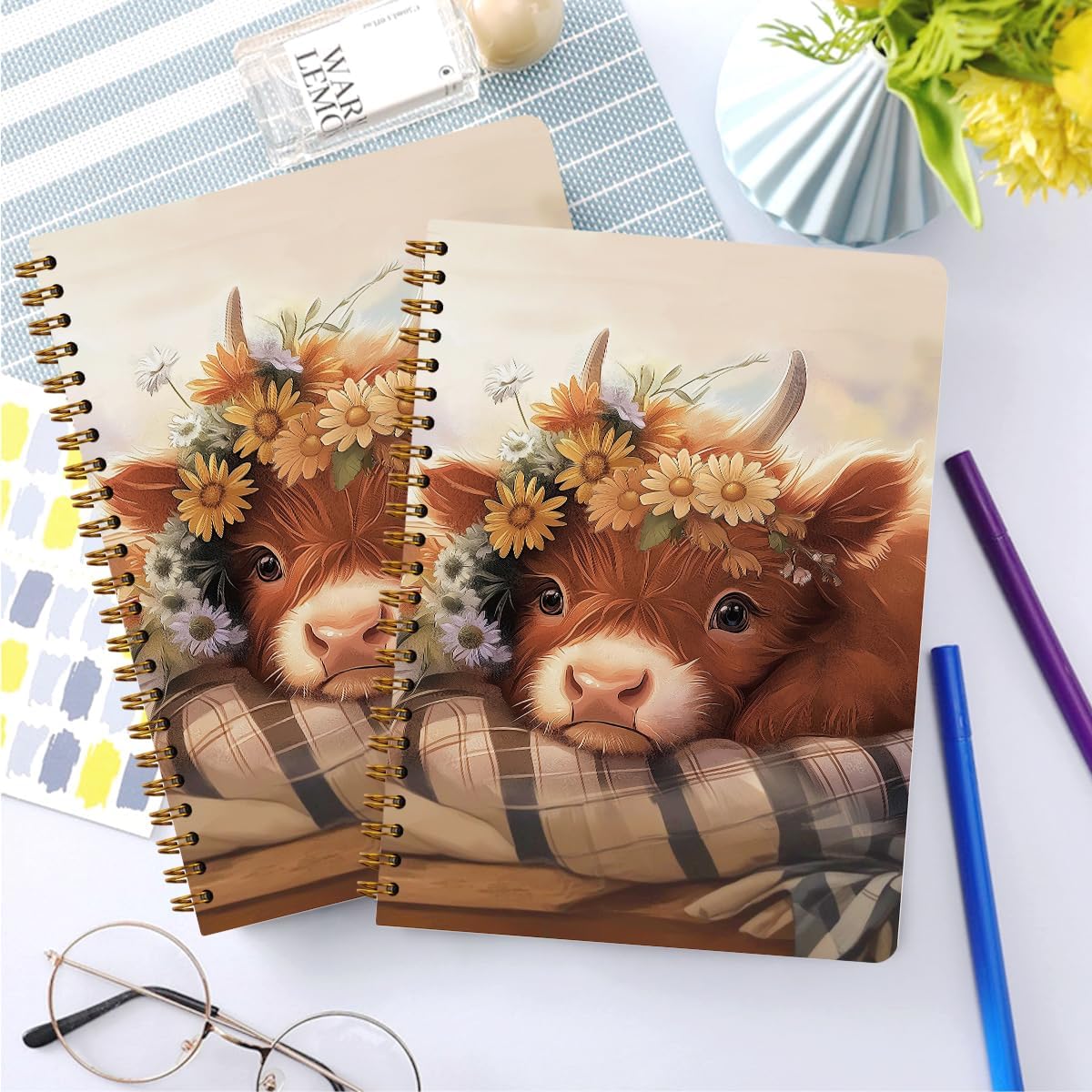 2 PCs Cute Cow Gifts for Women Journaling Notebooks Daisy, Cows Spiral Notebook Aesthetic Design, Cow Lovers Note Books Journals for Writing Hardcover Notebook Office Classroom Supplies