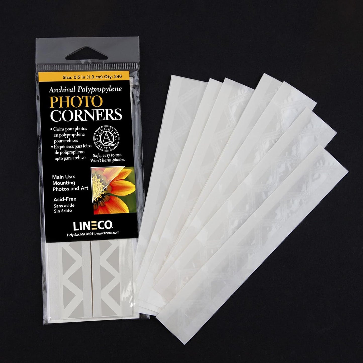 Lineco Archival Polypropylene Mounting Corners, Pressure Sensitive Acid-Free Acrylic Self-Adhesive Backing, 0.5 Inch Clear, for Artwork Photos Certificates Displaying Pictures (Qty: 240) 2 Pack