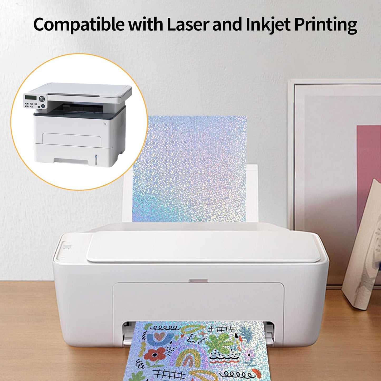 Printable Sticker Paper, Holographic Printable Stickers Paper, Laser/Inkjet Printing- Letter Size(8.5" x 11”- 20 Sheets)