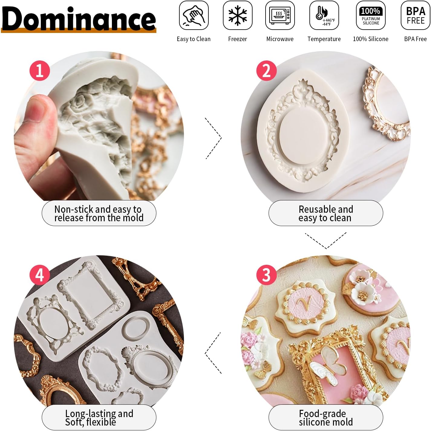 Growtail Photo Frame Silicone Fondant Molds,Picture Frames Chocolate Mold for Crafts,Sugarcraft Cupcake Topper,Polymer Clay Set of 5