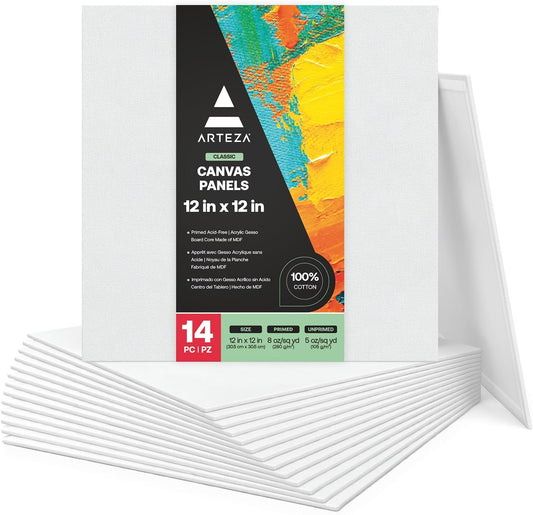 ARTEZA Canvas Boards for Painting, 12 x 12 Inches, Pack of 14, Blank White Square Canvas Panels for Acrylic, Oil and Gouache Painting