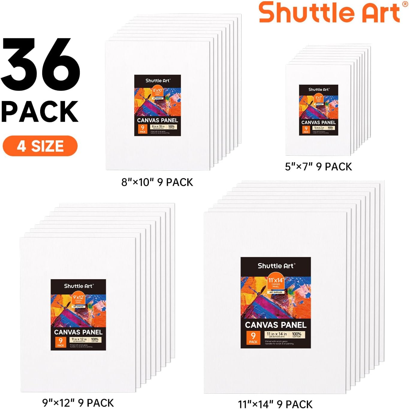 Shuttle Art Painting Canvas Panel, 36 Multi Pack, 5x7, 8x10, 9x12, 11x14 inch (9 PCS of Each), 100% Cotton Art Canvas Board Primed White, Blank Canvas for Kids Adults for Acrylic Oil Painting