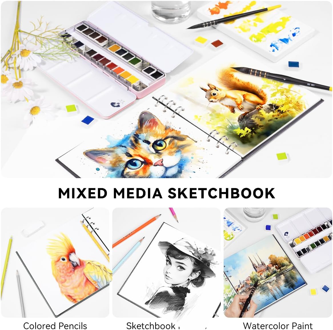 Lightwish Square Watercolor Journal,100% Cotton,300gsm/140lb,Acid-Free,20 Sheets Cold Press Watecolor Paper Sketchbook for Artists Adults Students,7.68 * 7.68 Inches