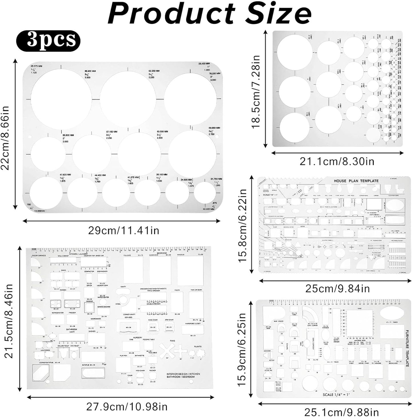 5 Pcs Interior Design Drawing Templates, Reusable Architectural Templates, House Plan, Interior Design, Furniture Template Circle Architectural Scale Ruler Stencils for Drawing & Drawings Tools