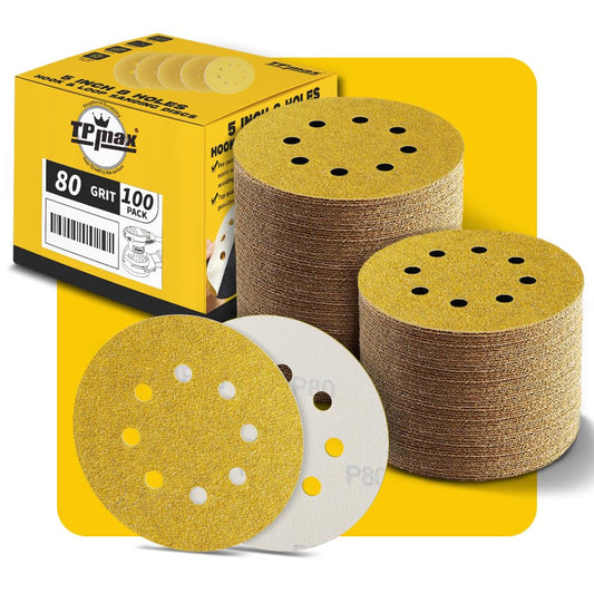 100PCS 5 Inch 80 Grit 125mm 8 Hole Sanding Discs Sandpaper - Premium Gold Round Hook and Loop for Random Orbital Sander - Ideal for Wood, Metal, Automotive