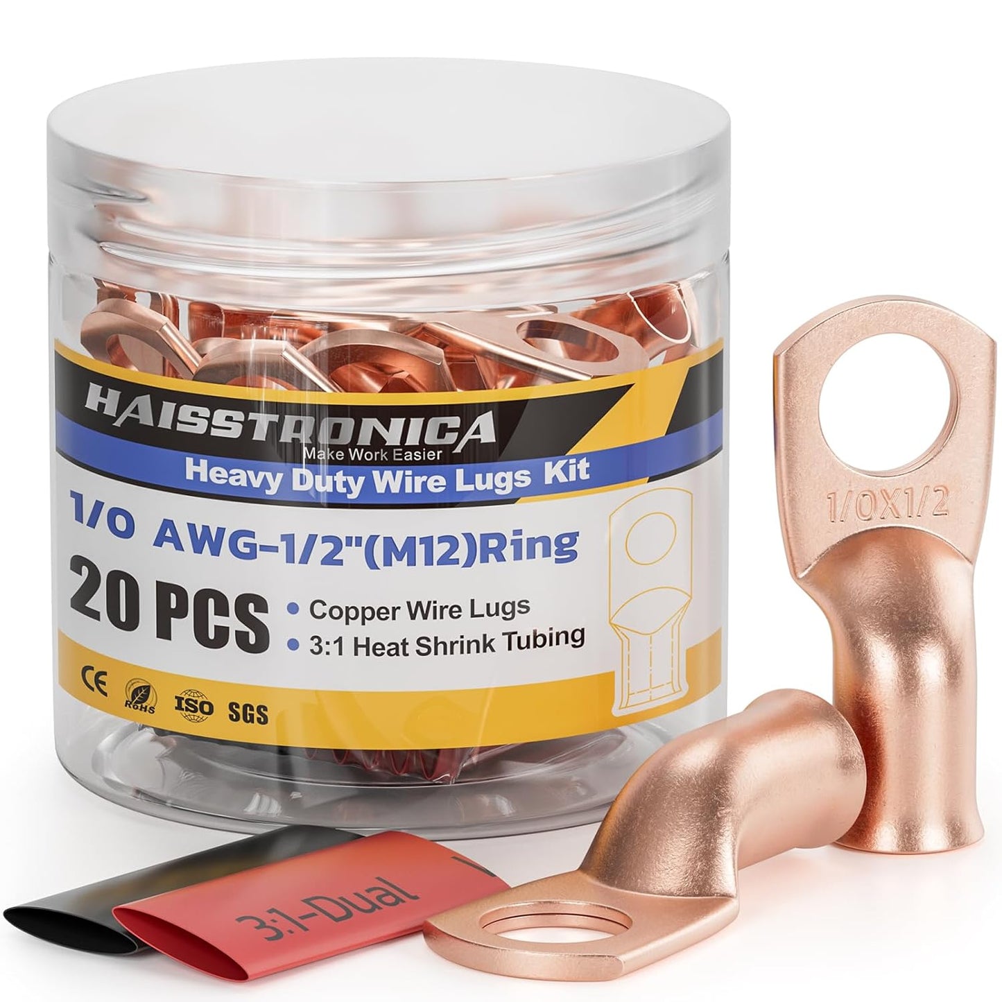 haisstronica 10pcs 1/0 AWG - 1/2" (M12) Battery Cable Lugs, Heavy Duty Copper Wire Lugs with 10pcs 3:1 Adhesive Heat Shrink Tubing,0 Gauge Wire Connectors Battery Terminal Connector,Battery Cable Ends