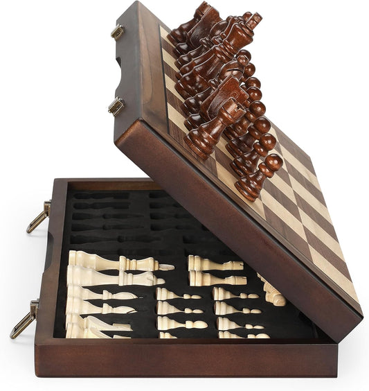 Magnetic Wooden Chess Set for Adults Kids 12'' Chess Board with Handmade Pieces, Folding Portable Travel Unique Chess Sets Game for Tournament Professional Beginner