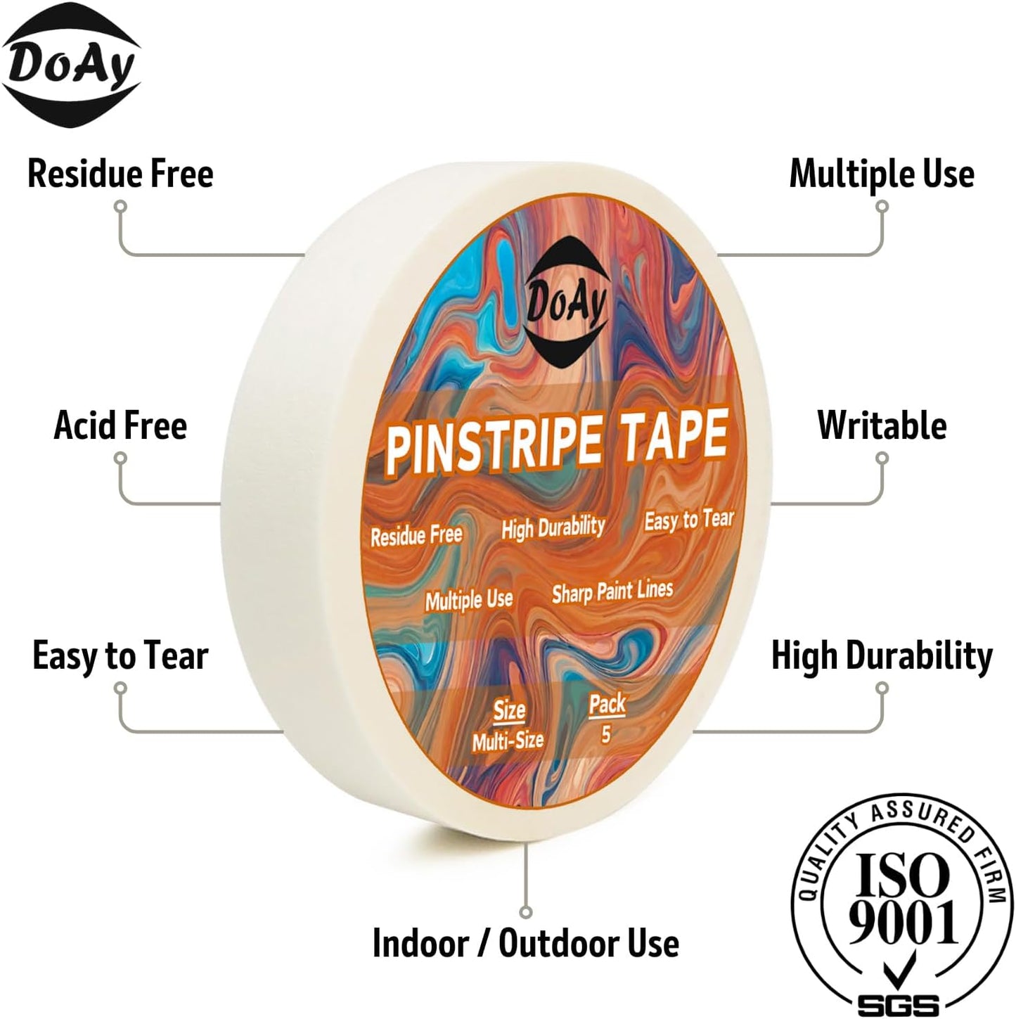 5 Rolls Pinstripe Tape - Masking Tape 1/16", 1/8", 1/4", 1/2", 3/4" - Thin Painters Masking Automotive Tape for DIY, Car, Auto, Paint, Art, Tumblers (White)