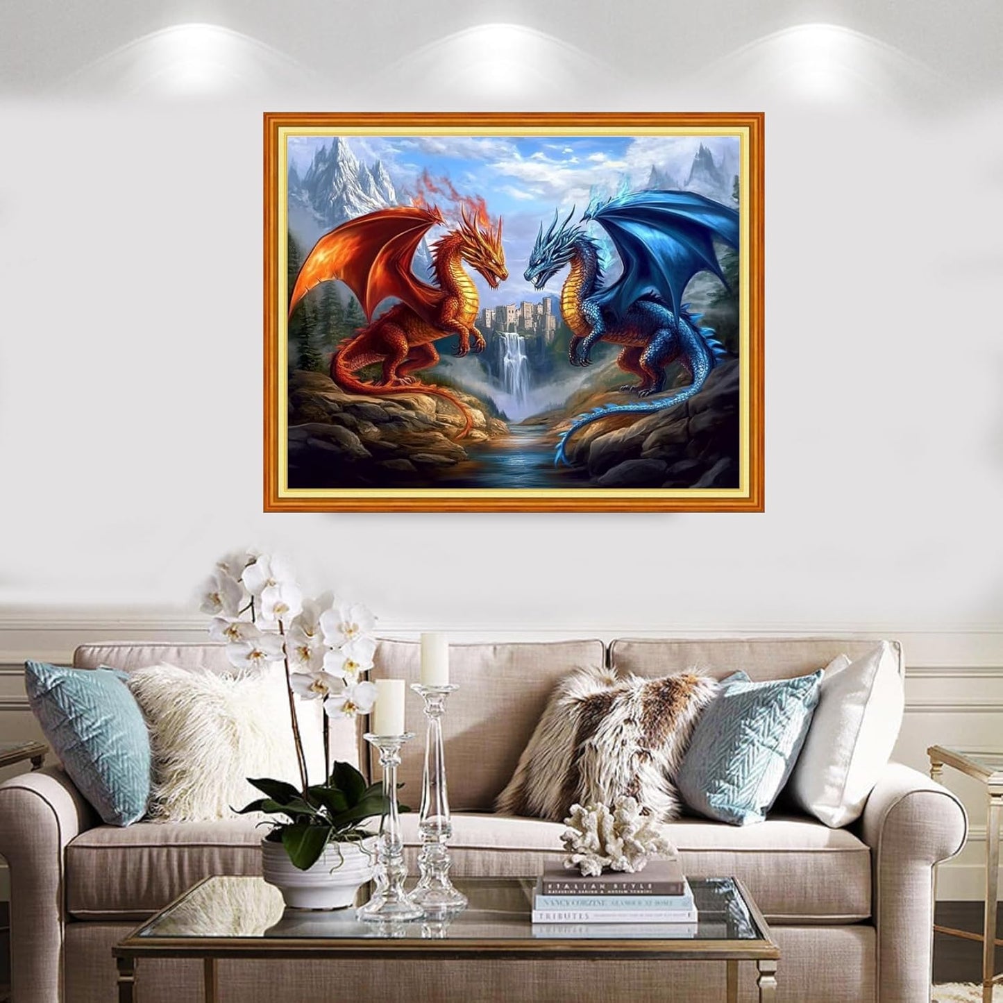 Redxing Stamped Cross Stitch Kits Full Range of Embroidery Starter Kits- Needlepoint Counted Cross Stitch Kits for Beginner Adults 11CT Printed Embroidery Kit-Water Fire Dragon Landscape 16x20 inch