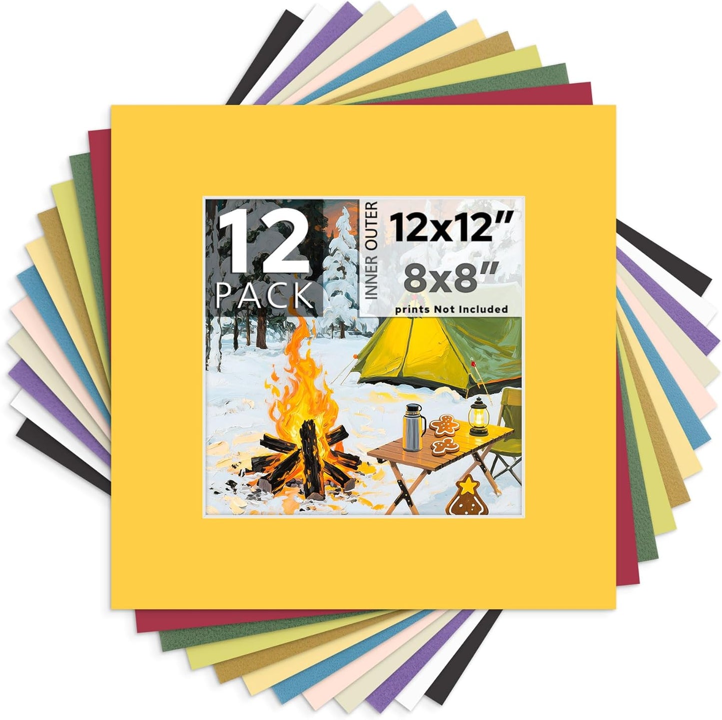 Mat Board Center, 12X12 Mix Color Mats for 8X8 Pictures - Acid Free, 4-Ply Thickness, White Core, Bevel Cut - for Artworks, Photos, Framing - Pack of 12