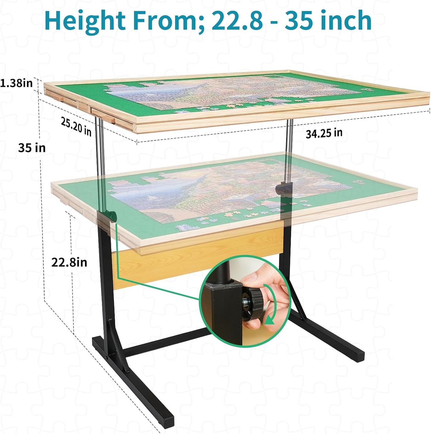 1500pcs Puzzle Table with Legs,34.25" x 25.2"Wooden Jigsaw Puzzle Board with 4 Drawers & Cover,Height Adjustment & Weight optimization