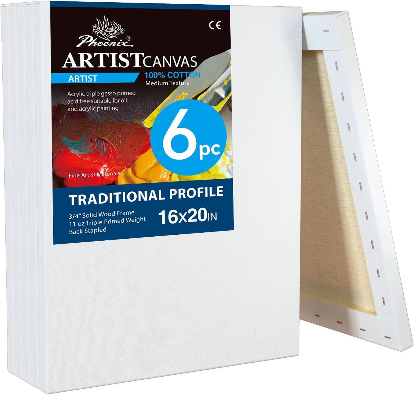 PHOENIX 16x20 Inch 6 Pack Artist Canvas - Large Stretched Canvases for Painting - 3/4 Inch Profile, 100% Cotton 11 Oz. Gesso Primed White Blank Professional Canvas Oil & Acrylic Paints