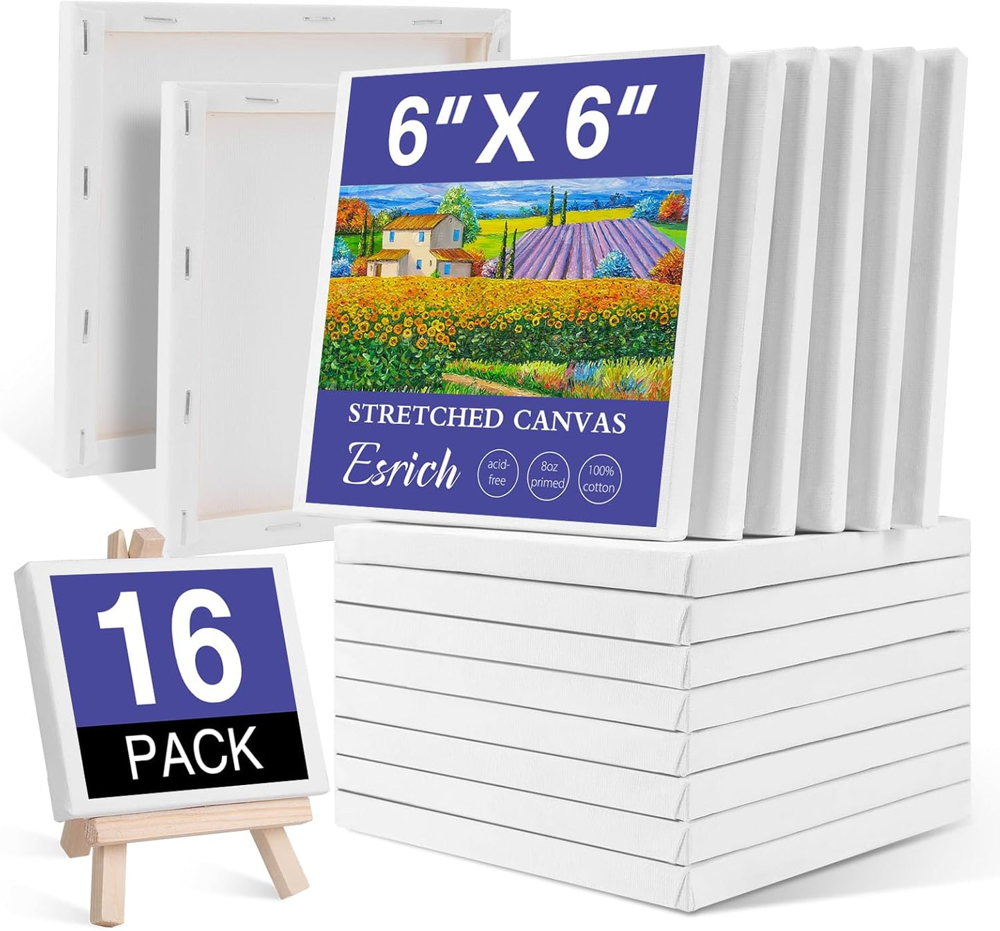 ESRICH Small Stretched Canvas for Painting 6x6 inch, 2/5''Profile Art Primed 16 Pack Canvases for Painting, Cotton Small Professional Blank Paint Canvas for Kids and Art Supplies, for Acrylics, Oils.