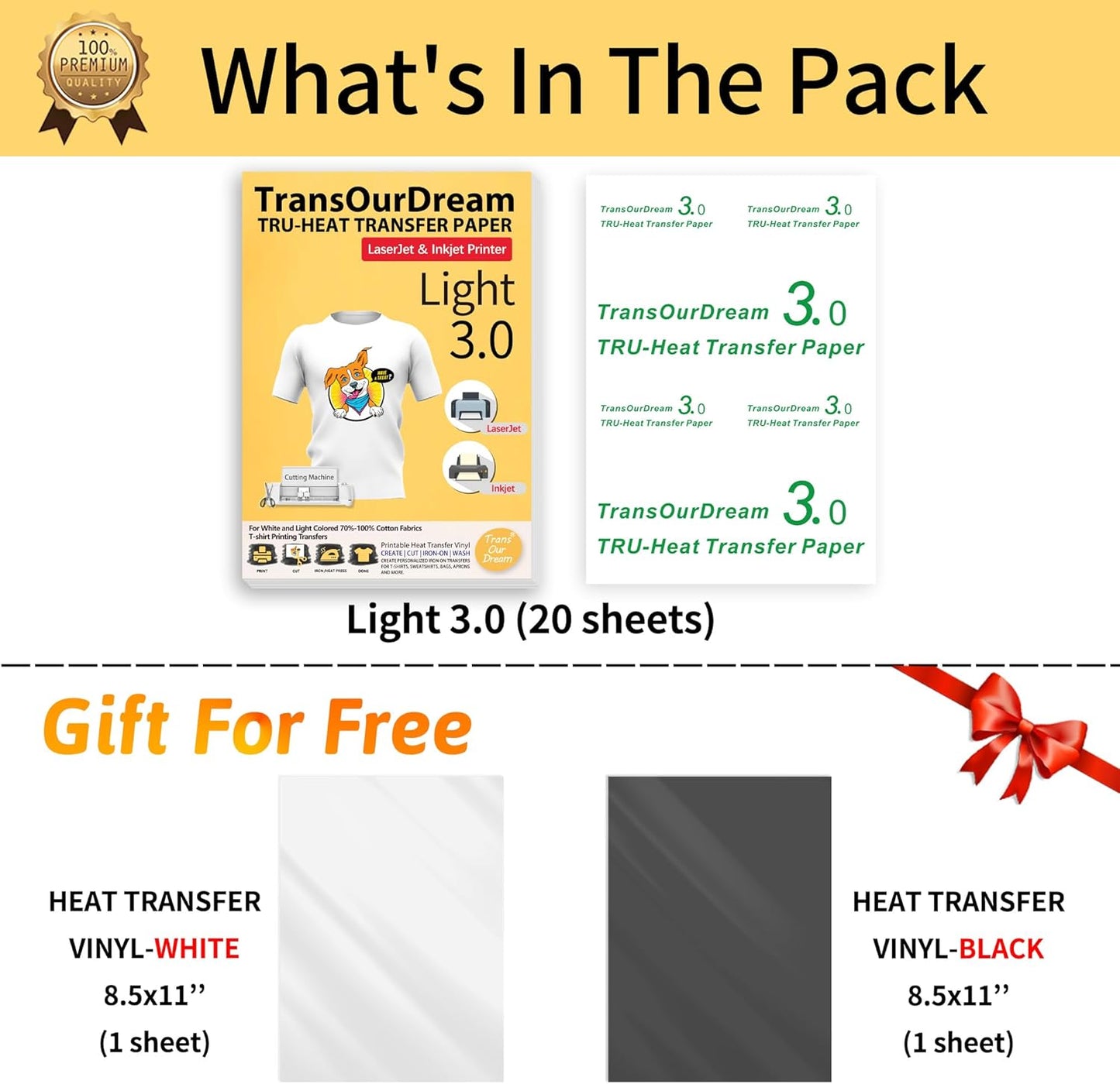 TransOurDream Iron on Heat Transfer Paper for Light Fabric (20 Sheets, 8.5x11") Printable Iron on Transfers for Inkjet Printer & Laserjet Printer, Heat Transfer Vinyl for T Shirts (2 Sheets, 8.5x11")