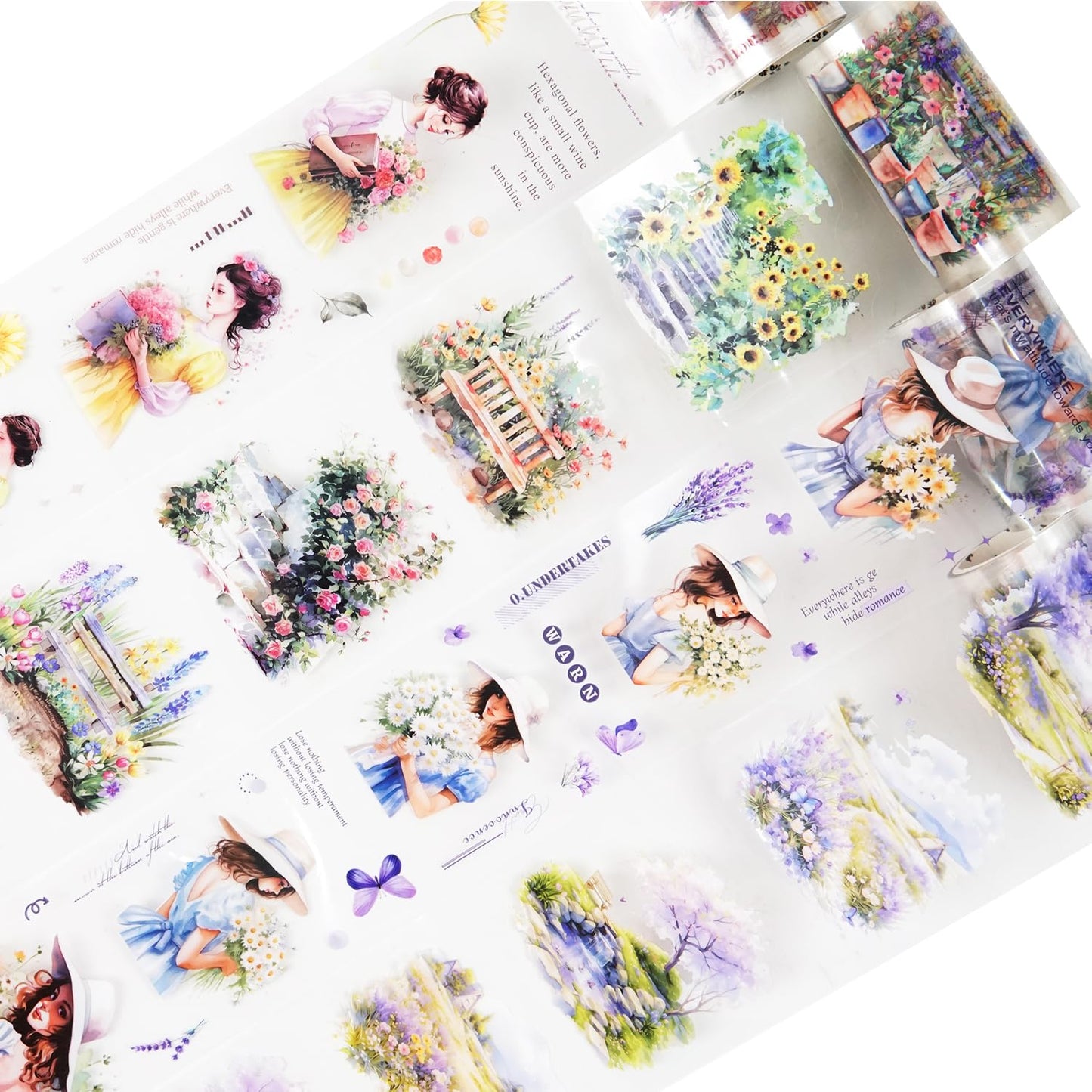 Garden and Girl PET Tape Set, 4 Rolls Pre-Cut Adhesive Tapes for Scrapbooking, Journaling, DIY Crafts, and Art Supplies