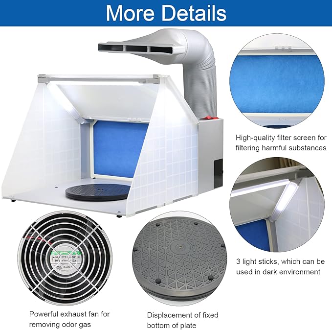 Hotorda Portable Airbrush Spray Booth with 3 LED Lights, Extra Replaceable Extra Filter Pad, Turn Table and 6ft Exhaust Extension Hose for Hobby, Painting, Art Craft, Model