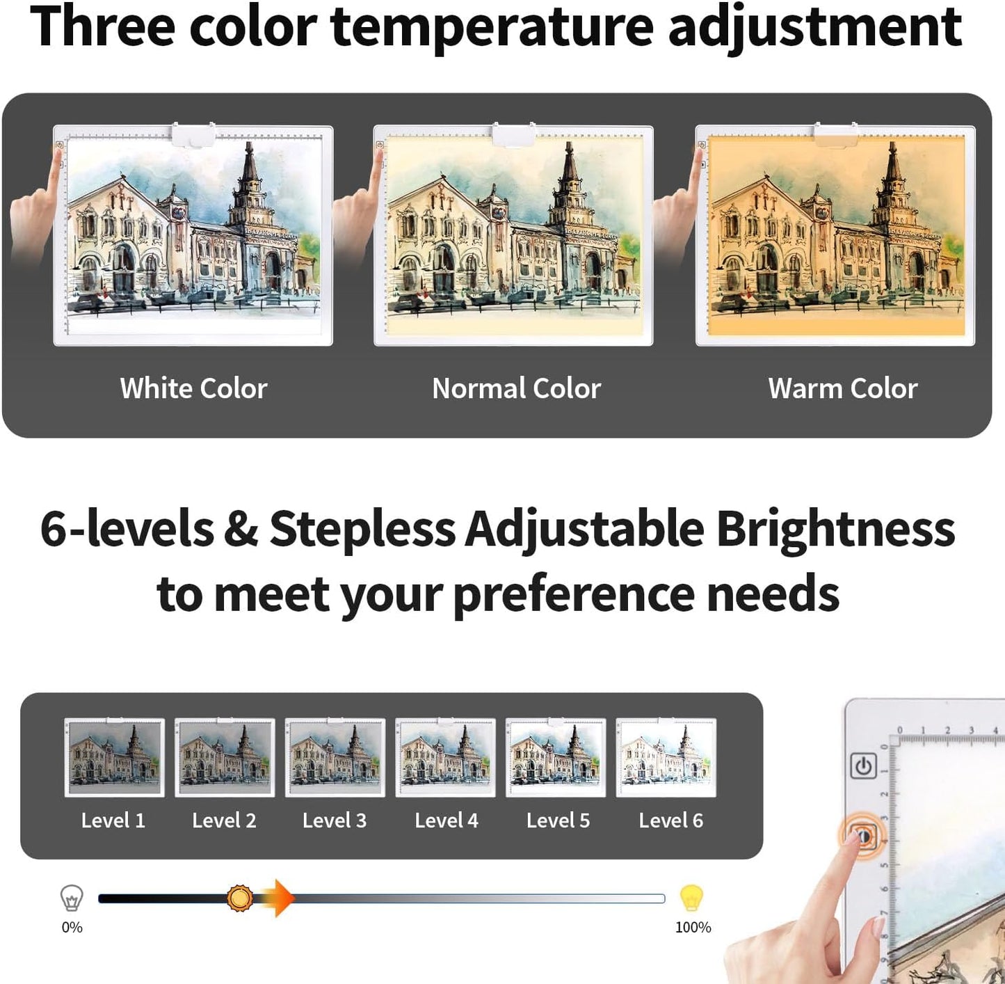 Rechargeable A3 Diamond Art Light Board,Light Pad with Stand and Clip,3 Colors Stepless Dimmable and 6 Levels of Brightness Light Box for tracing,Diamond Painting,Drawing,Sketching(White)