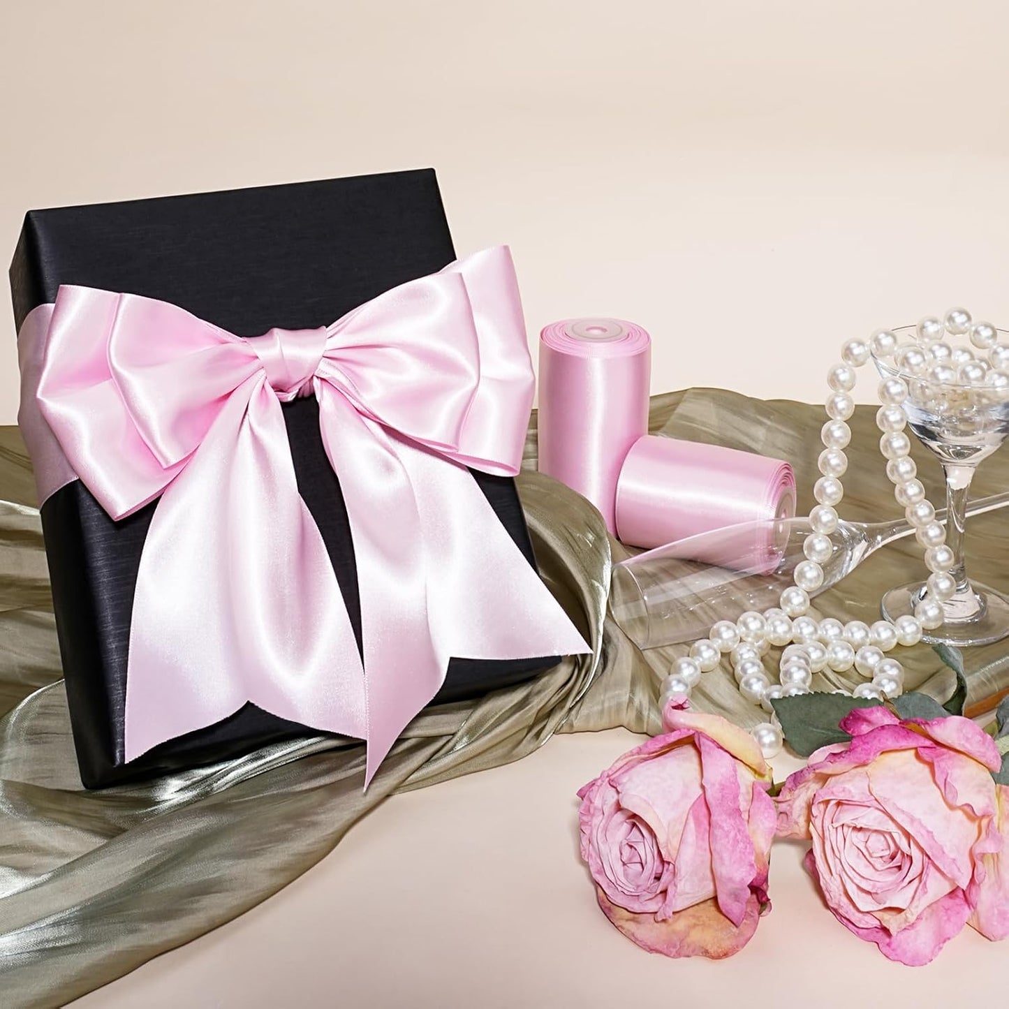 LaRibbons Light Pink Satin Ribbon 3 Inch 10 Yards Double Faced Luxury Light Pink Silk Ribbon for Gift Wrapping Flower Bouquets Bow Christmas Wedding Party Decoration