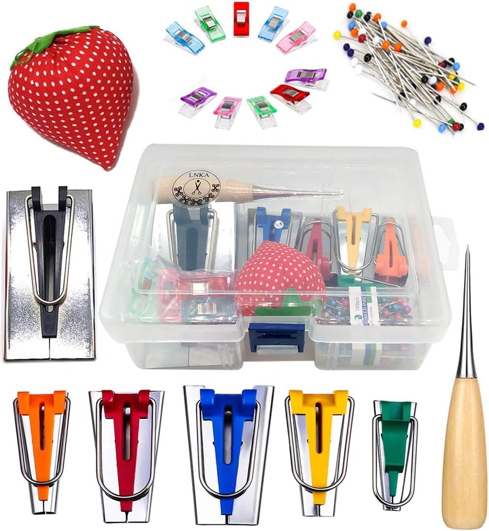 LNKA Fabric Bias Tape Maker Set of 19pcs Tools with Instruction,Bias Maker 1/4" 3/8" 1/2" 3/4" 1" 2" Quilting Pins Sewing Pincushion Clips Awl