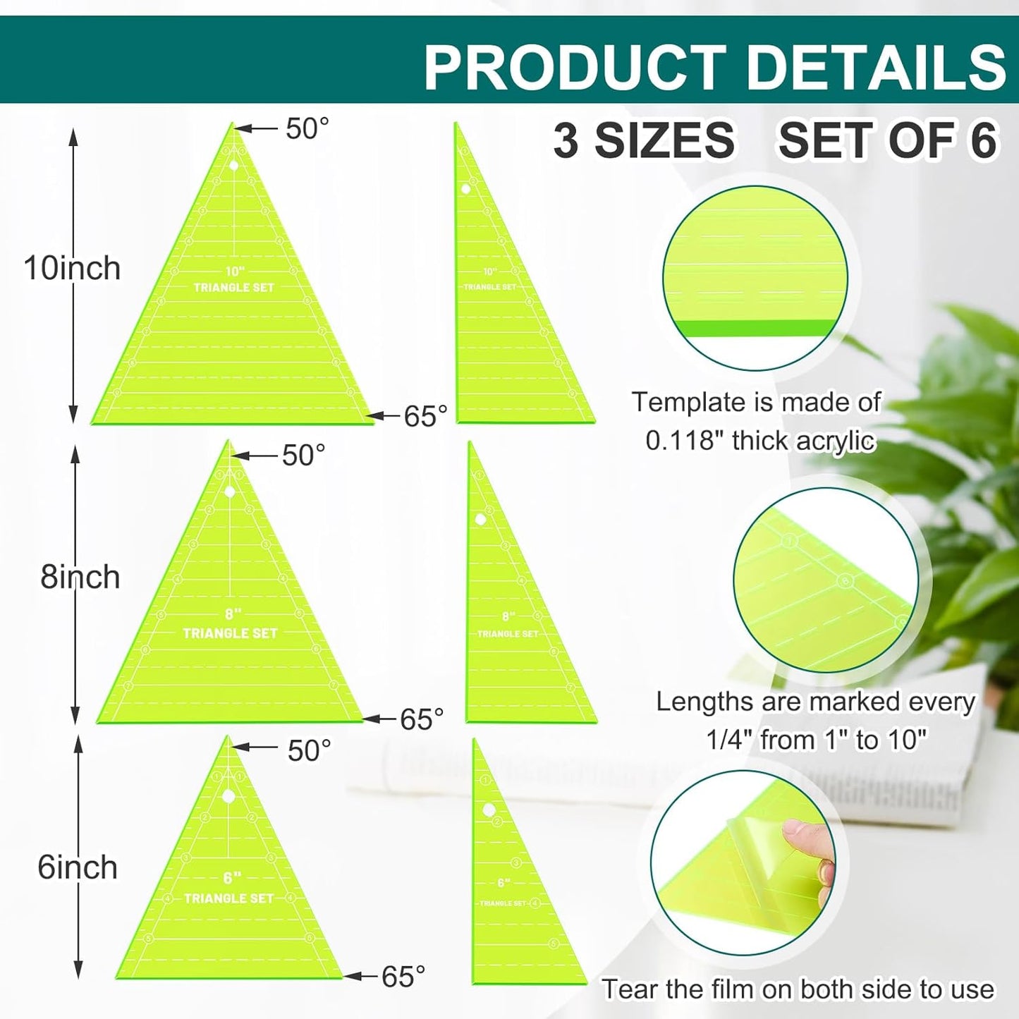 Kigley 3 Set Tall Triangle Rulers for Quilting 6 8 10 Inch Wedge Triangle & Wing Quilting Rulers and Templates Acrylic Quilt Templates for Sewing Layer Cake Patchwork Cutting Pattern DIY Craft (Green)