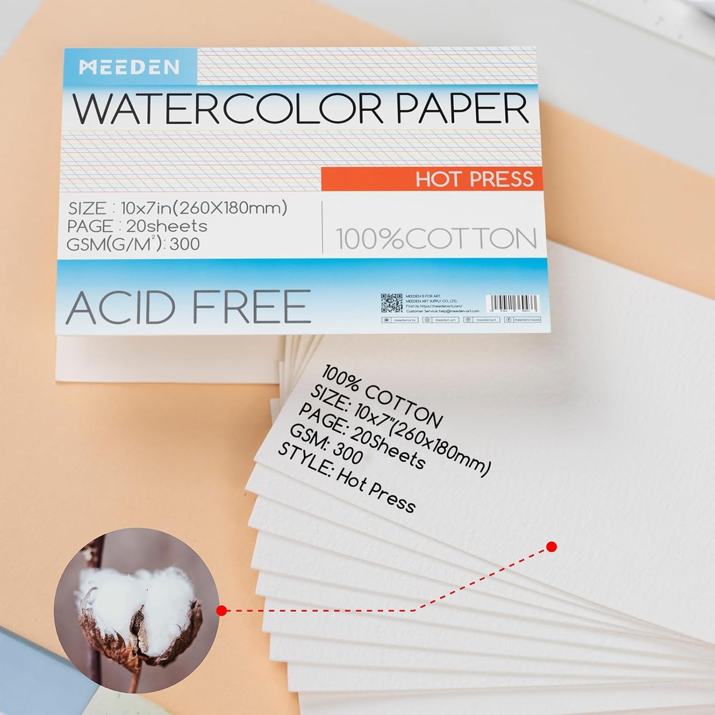 MEEDEN Watercolor Paper Block, 100% Cotton Watercolor Paper Pad of 20 Sheets, 140lb/300gsm, Acid-Free Art Paper for Watercolor, Gouache, Ink and More, 10" x 7" Hot Press