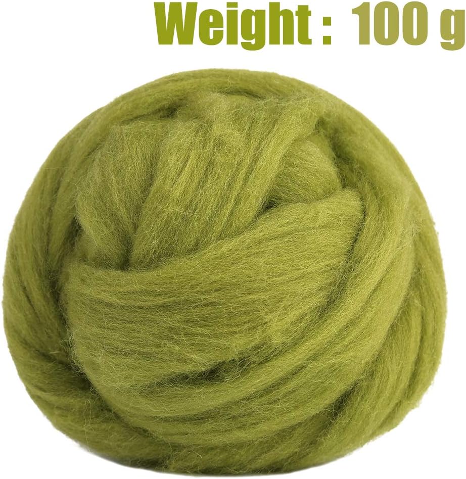 3.53oz Wool Roving Yarn, Wool Felting Supplies, Pure Wools, Chunky Yarn, Spinning Wool Roving for Needle Felting Wet Felting DIY Hand Spinning (Grass Green)