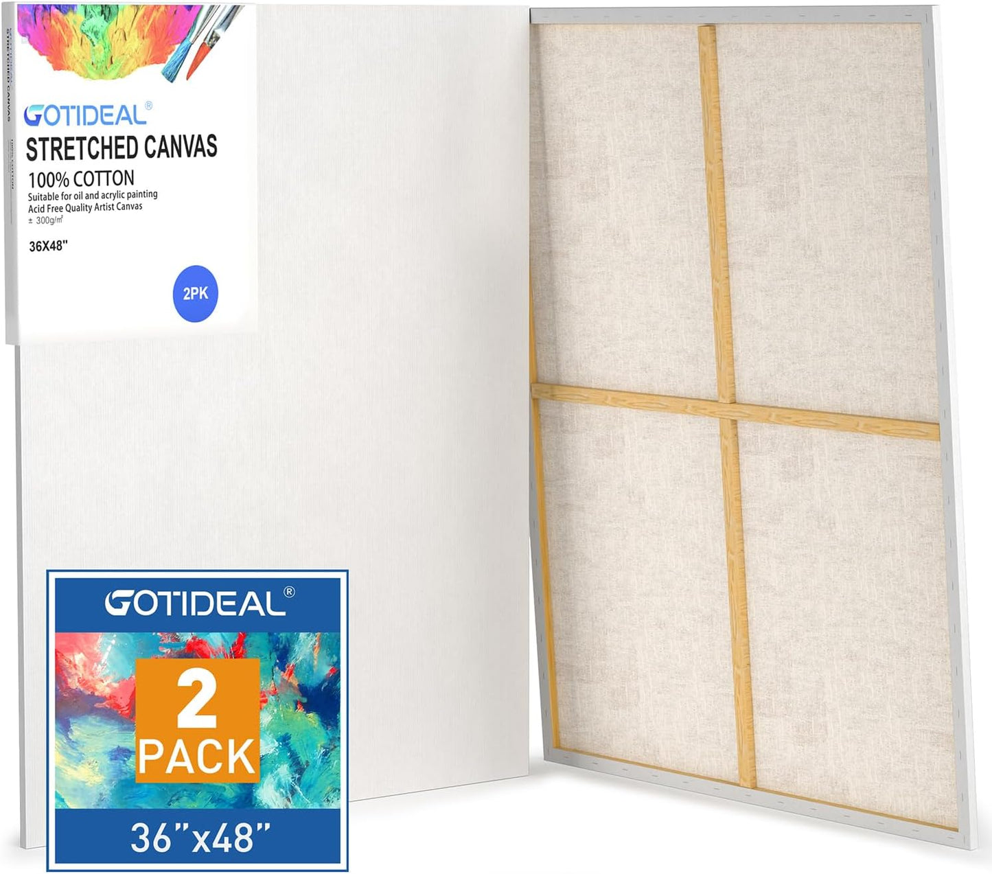 GOTIDEAL Stretched Canvases for Painting, 36x48" Inch Set of 2, Primed White - 100% Cotton Blank Art Large Canvas Boards for Painting for Acrylic Pouring, Oil Paint Dry & Wet Art Media
