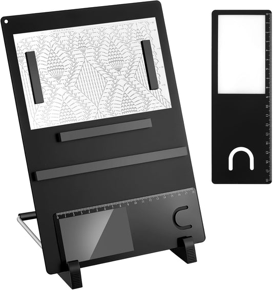 Flutesan 8 Pcs Cross Stitch Accessories and Tools 11.5 x 4.7 Inch Metal Magnet Board Chart Knitting Pattern Holder 2 Bookmark Magnifier with Ruler 1 Bracket 4 Magnet Strips for Crafts Work (Black)