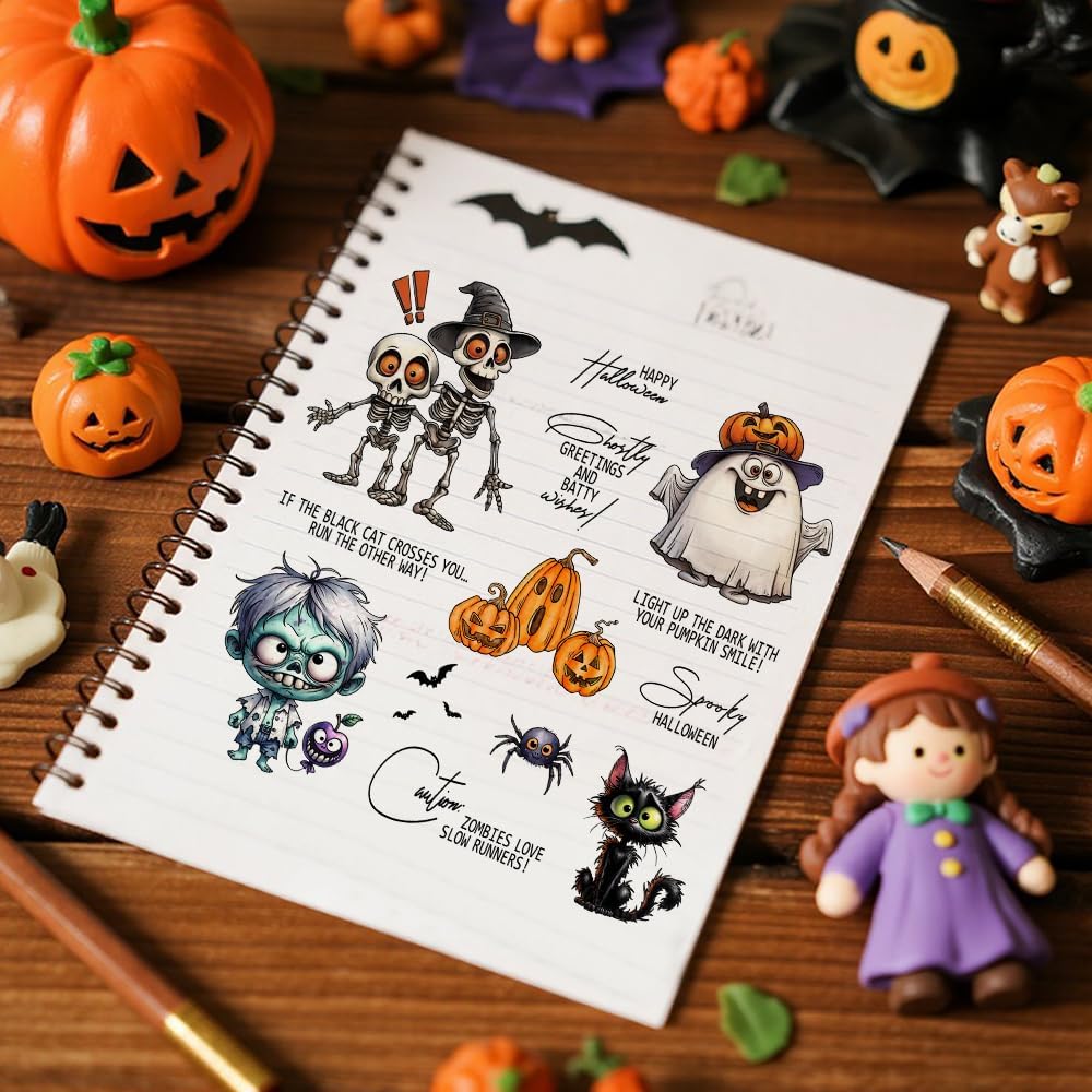 Halloween Clear Silicone stampReusable Stamp with Pumpkins, Skulls, Bats, Santa Claus, and Holiday Designs. Used for Making Cards, scrapbooks, and DIY templates (Halloween Skeleton)