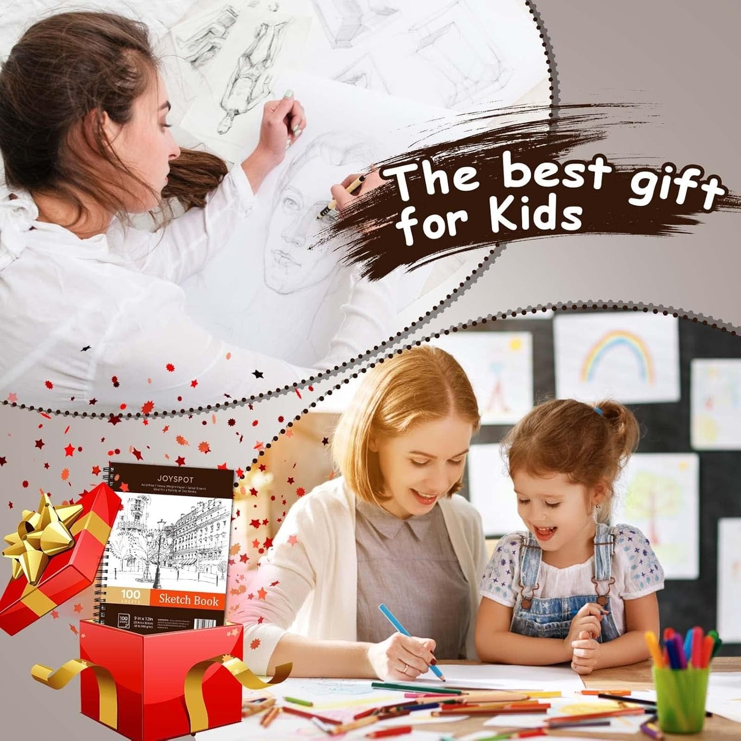 JOY SPOT! 9x12 Inch Sketch Book, Pack of 2, 200 Sheets (68 lb/100gsm), Spiral Bound Artist Sketch Pad for Artist Pro & Amateurs | Marker Art, Colored Pencil, Charcoal for Sketching