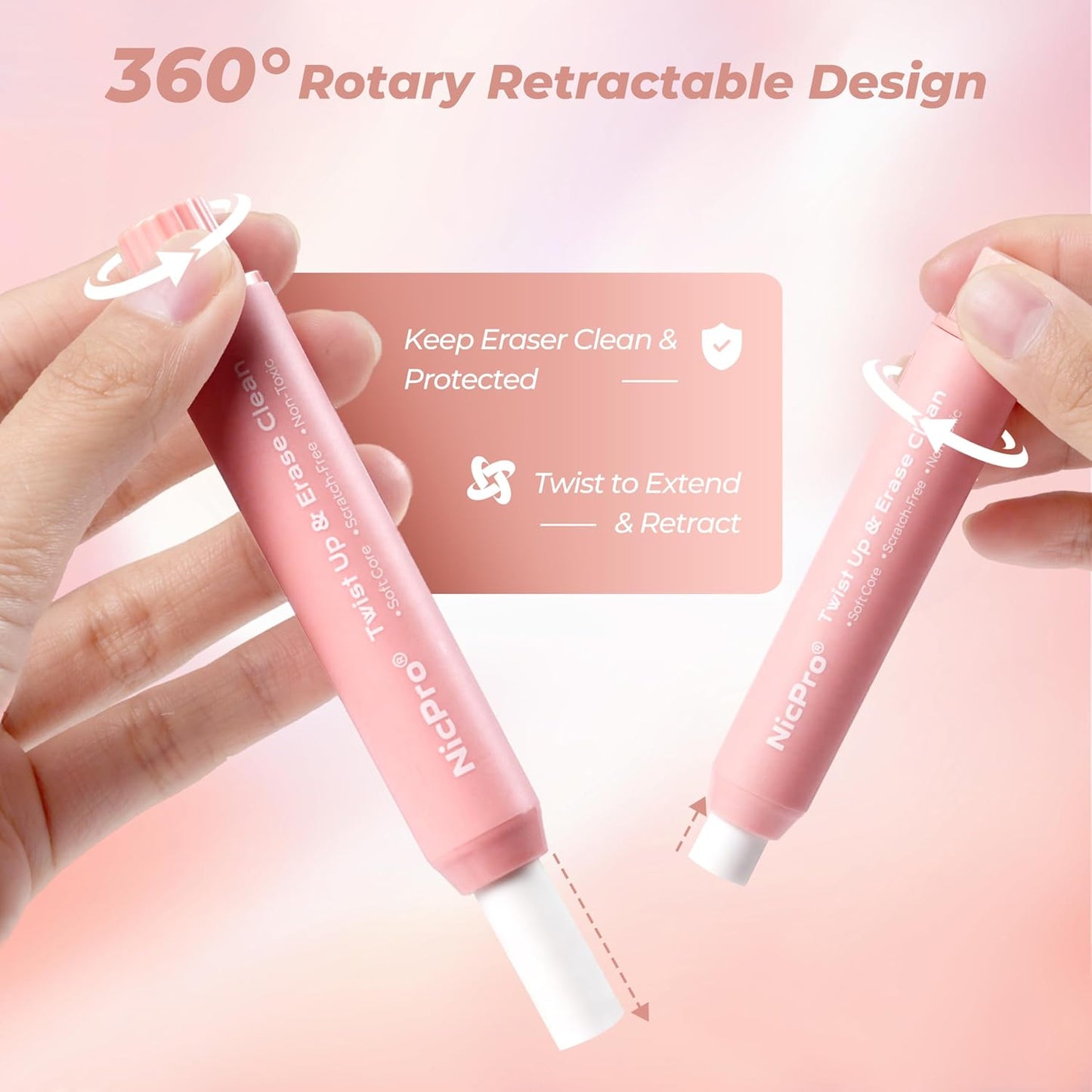 Nicpro 6 Pack Rotary Retractable Erasers Pen Style, Aesthetic Pastel Twist Erasers in Macaron Colors, Clean Erasing TPE Eraser for School Supplies, Office, Drawing & Journaling
