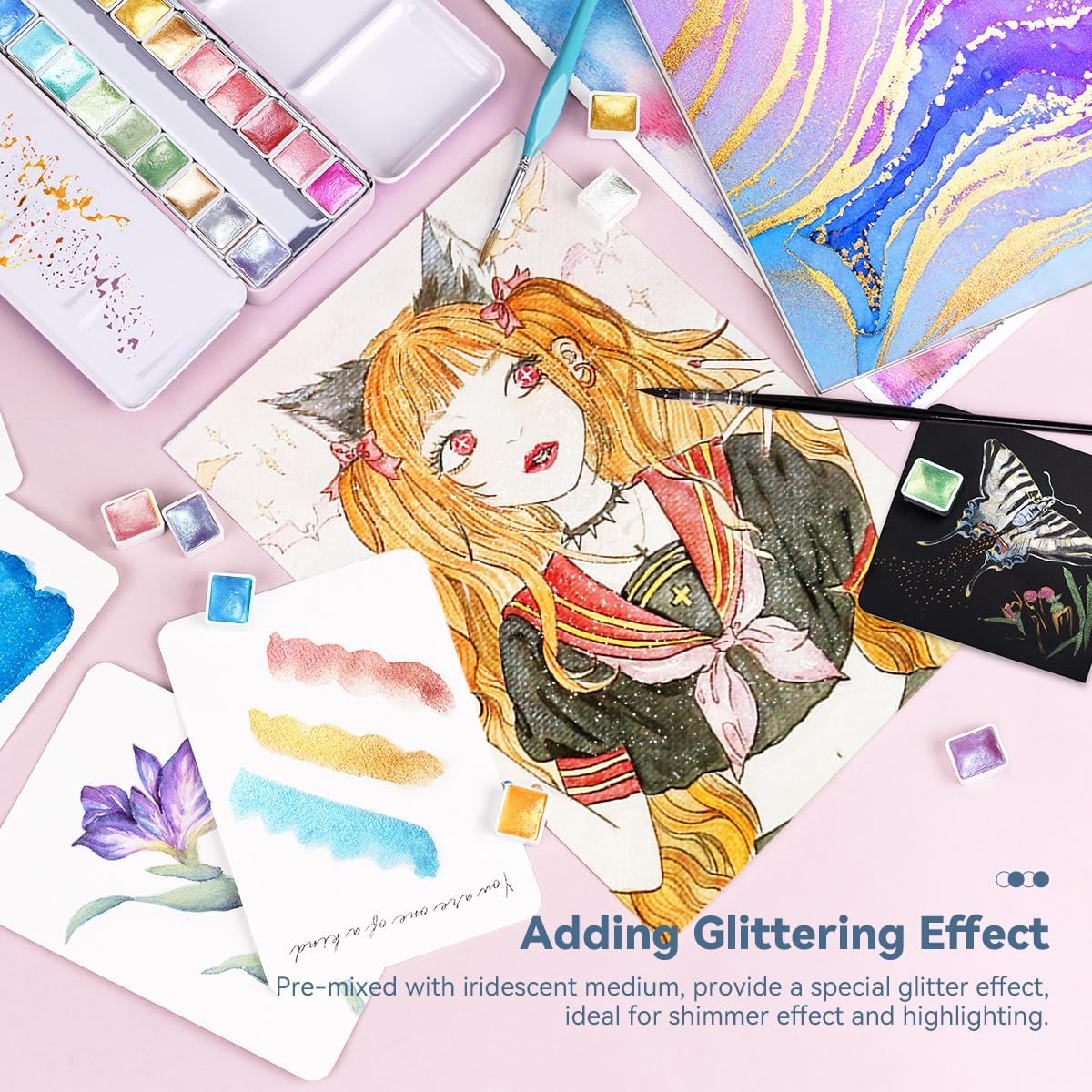 Paul Rubens Artist Watercolor Paints-Metallic Glitter Solid Colors-Pink Portable Metal Case with Palette-24 Color Set Sparkle Watercolor