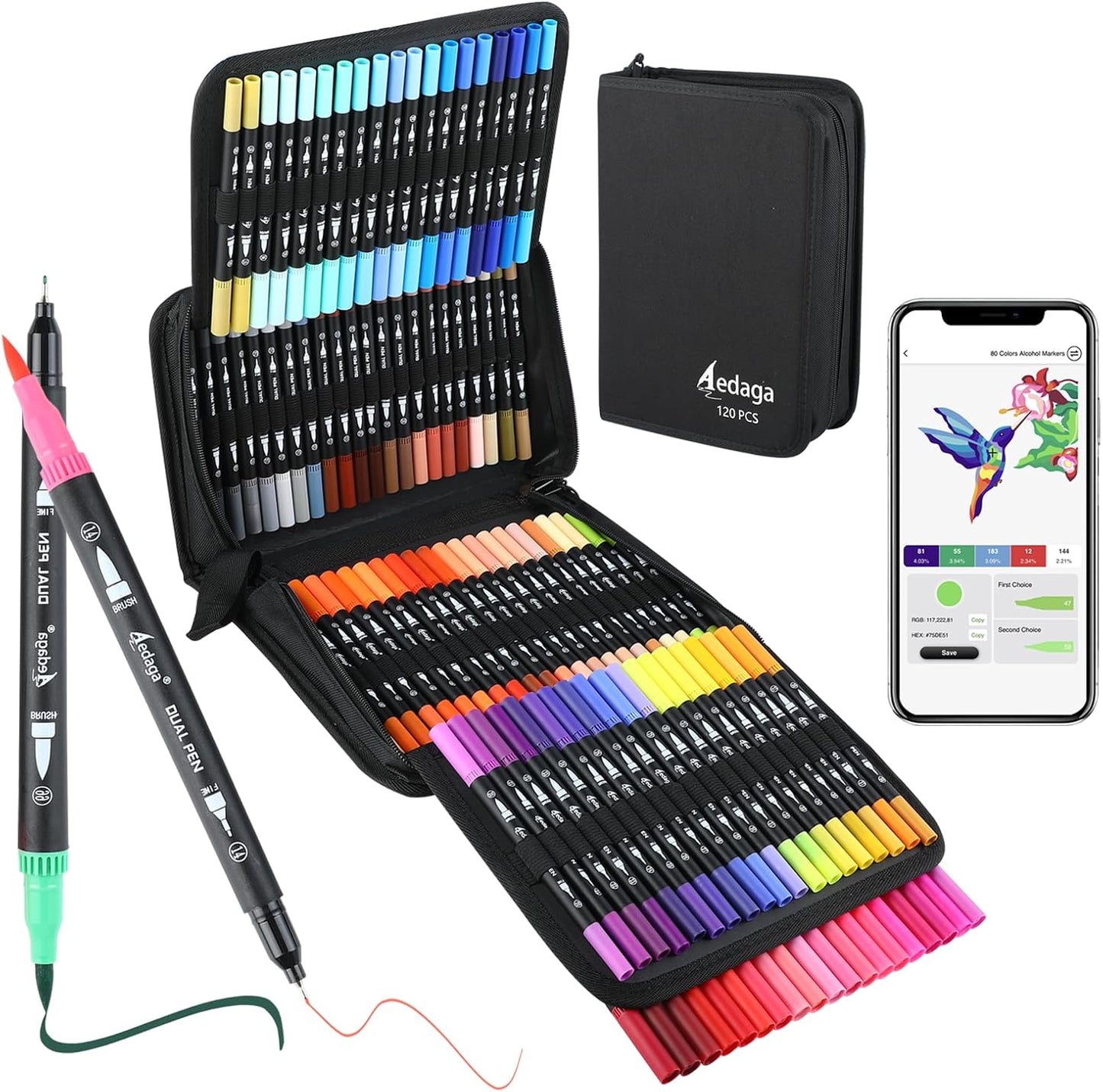 120 Colors Numbered Dual Tip Brush Pens with Free App, Fine and Brush Tips Pens for Adults and Kids, Coloring Markers for Coloring Book Bullet Journaling Note Taking Planner Hand Lettering
