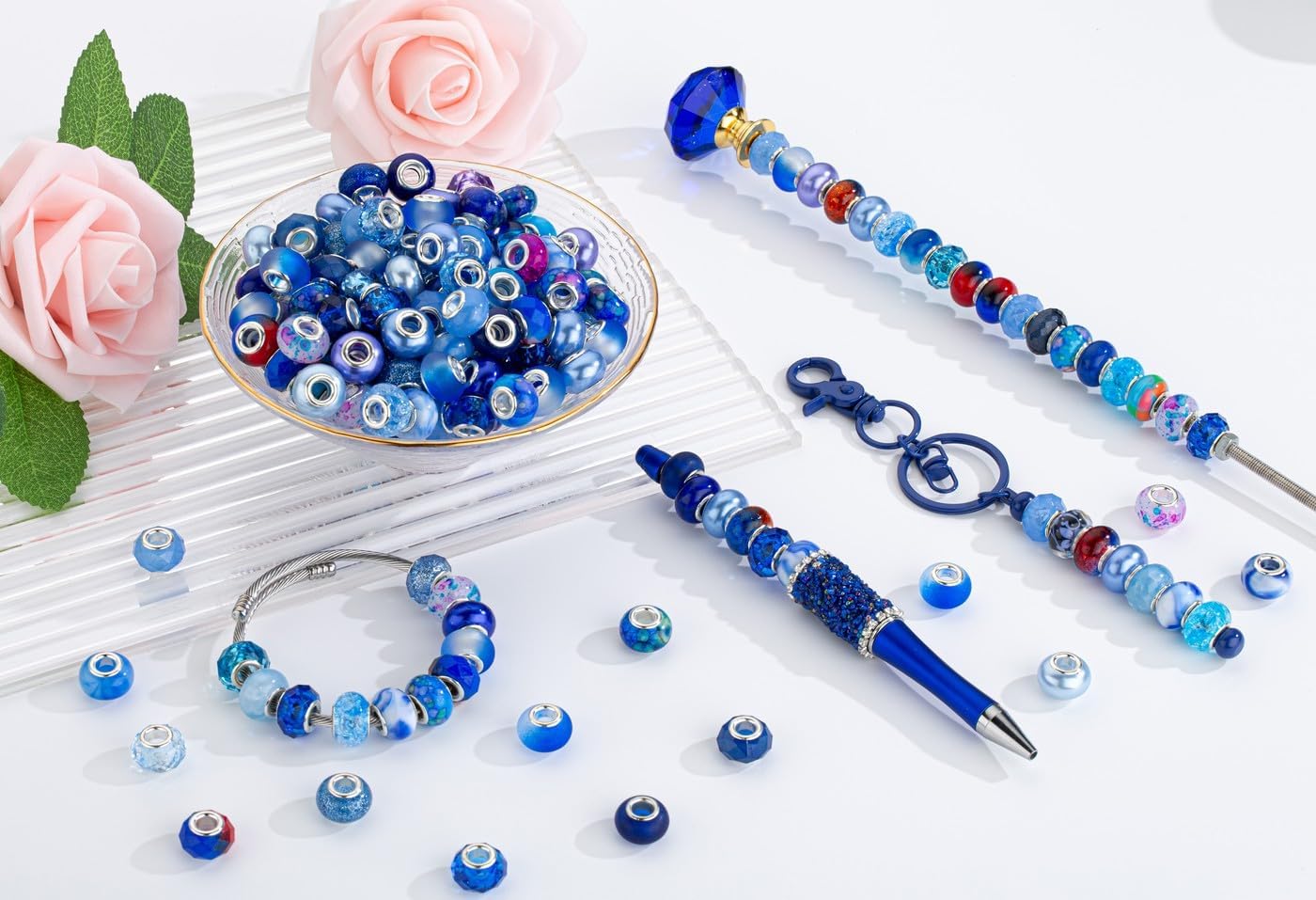 LAIDANLA Blue Mix Large Hole Beads，100pcs 15mm European Large Hole Beads Bulk for Bracelet Pens Jewelry Making Spacer Charms Craft Beads Decoration