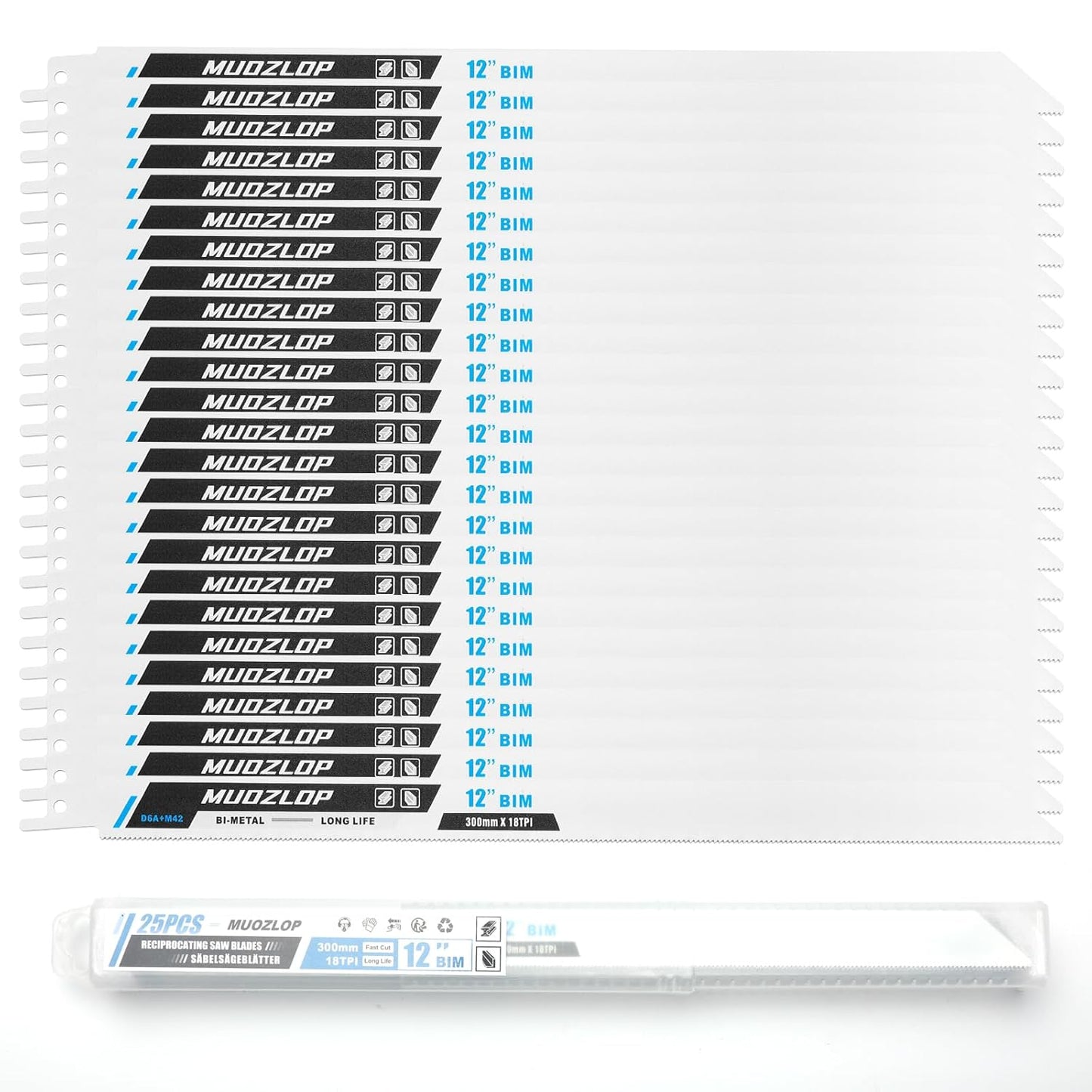 25Pack 12 inch Reciprocating Saw Blades Set,18 TPI High Carbon Saw Blades, Metal Saw Blades with Organizer Case (25, 18TPI/300mm)