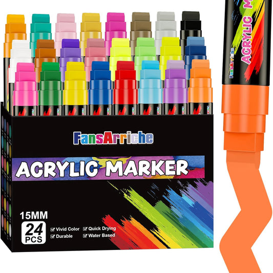 FansArriche Acrylic Paint Markers, 15mm Jumbo Felt Tip, 24 Colored Waterproof and Permanent Paint Pens for Tagging, Signs, Calligraphy, and Outdoor Paintings
