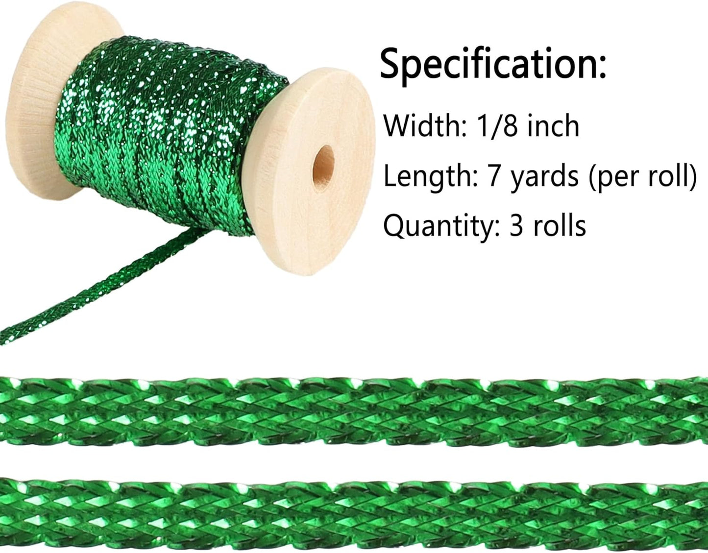 Christmas Green Thin Ribbon 1/8 inch Metallic Braided Double Faced Ribbons Curling Ribbons For Balloon String Crafts Gift Wrapping Party Wedding Christmas Ornaments Decoration 7 Yard x 3 Rolls