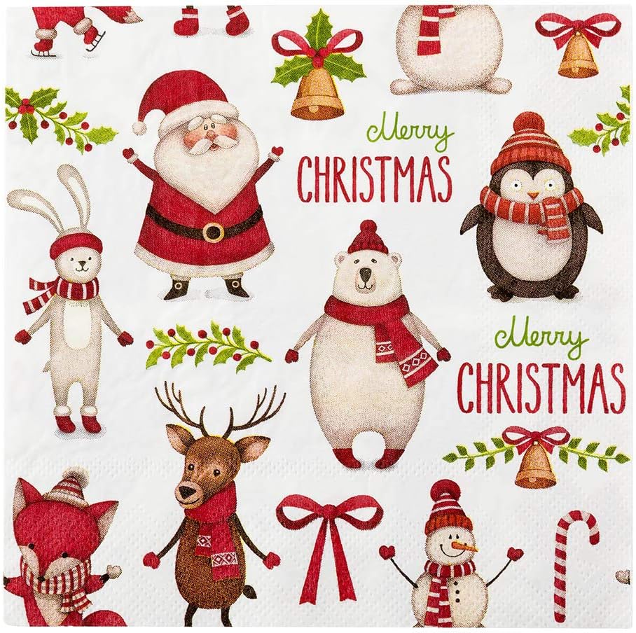 13 Inch Paper Luncheon Napkins, 20 Merry Christmas Design Printed Napkins - 3-Ply, Textured Edges, White Paper Decorated Napkins, Soft And Strong, For Parties Or Catering Events - Restaurantware