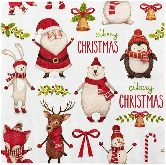 13 Inch Paper Luncheon Napkins, 20 Merry Christmas Design Printed Napkins - 3-Ply, Textured Edges, White Paper Decorated Napkins, Soft And Strong, For Parties Or Catering Events - Restaurantware
