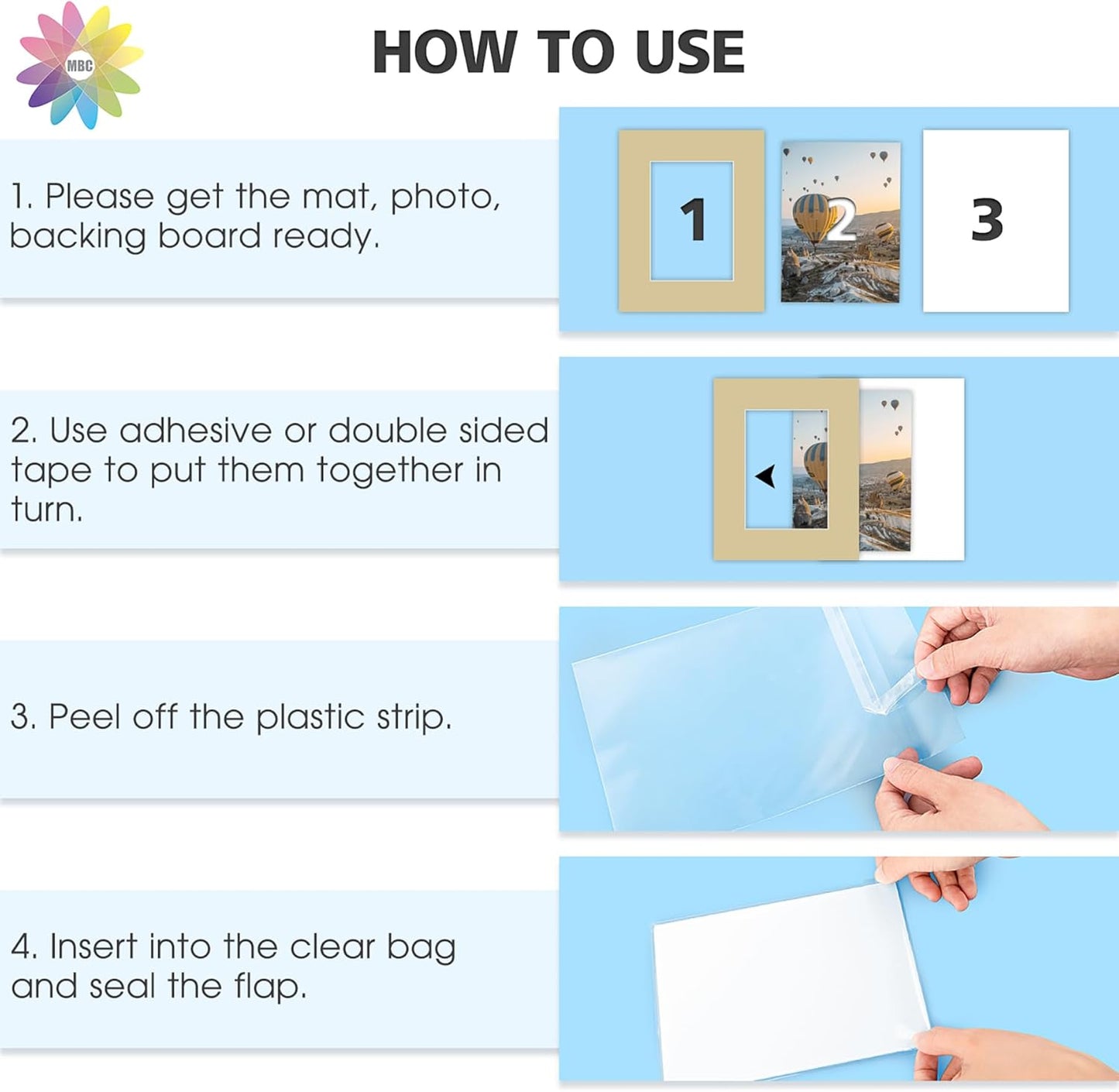 Mat Board Center, Pack of 50, 8x10 for 5x7 Mix Color Picture Mat Sets - Acid Free, 4-ply Thickness, Bevel Pre-Cut White Core - Includes Backing Boards and Clear Bags - for Pictures, Photos, Framing