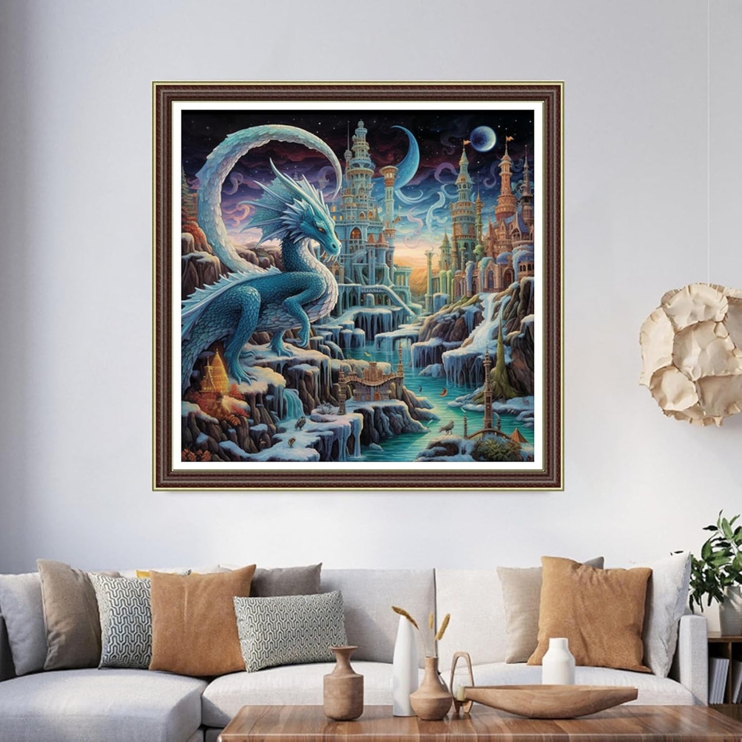 Foxhool Beginners Cross Stitch Kits Stamped Full Range of Embroidery Kits for Adults DIY Cross Stitches kit Embroidery Patterns for Needlepoint kit-Dragon and Castle 17.7x17.7 inch