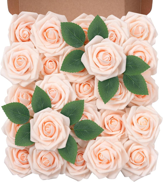 Artificial Flowers Foam Fake Roses 25pcs Champagne Roses with Stems for Home Decor DIY Wedding Bouquets Party Bridal Shower Centerpieces Faux Flower Arrangements Tables Decorations