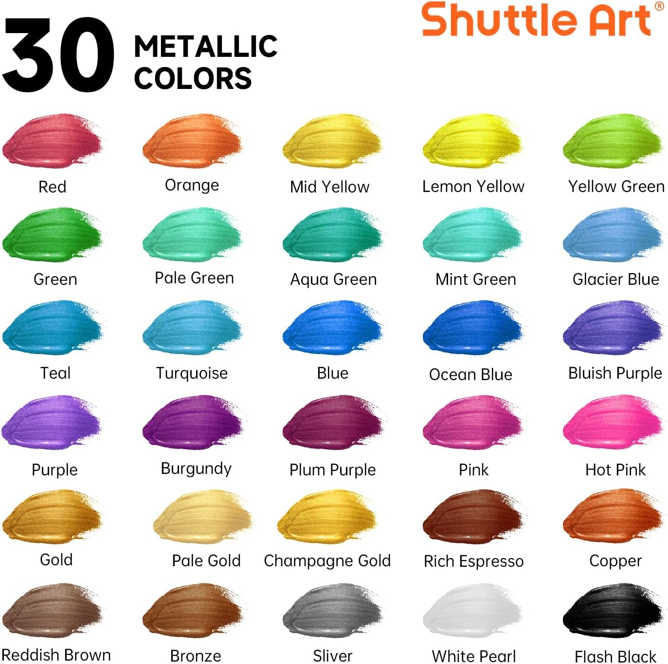 Shuttle Art 30 Colors Metallic Acrylic Paint, Artist Grade Metallic Paint in Bottles (60ml, 2oz), Rich Pigmented, High Viscosity, Non-Toxic for Artists, Beginners on Rocks Crafts Canvas Wood Fabric