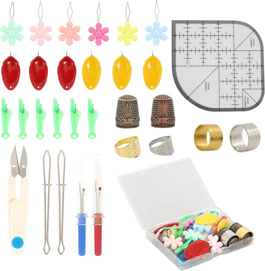 31 PCS Sewing Thimble Kit, Thimbles for Metal Finger Protectors, Thimbles for Hand, Seam Rippers for Sewings, Needle Threaders, Sewing Scissors, Sewings Patchwork Ruler