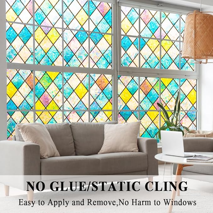 Colorful Stained Glass Window Film 3D Prism Sliding Door Privacy Covering Static Cling Church Tint Decorative Suncatcher Cover Decal No Glue Heat Cotrol Anti Glare Removable Home Office,35x157in.