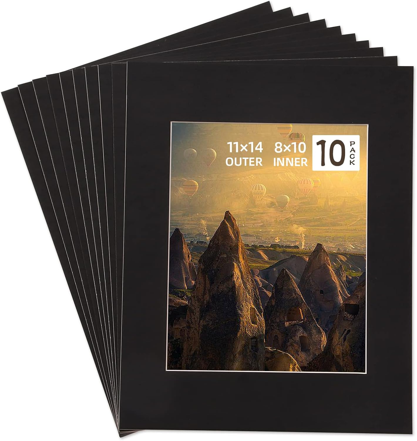 HOTUO 10 Pack Black 11x14 Picture Frame Mats, Pre-Cut 11x14 Picture Mats with Ivory Core Bevel Cut for 8x10 Photo, Signature Friendly 4 Ply Thickness Photo Mat for Frames/Artwork/Print/Picture