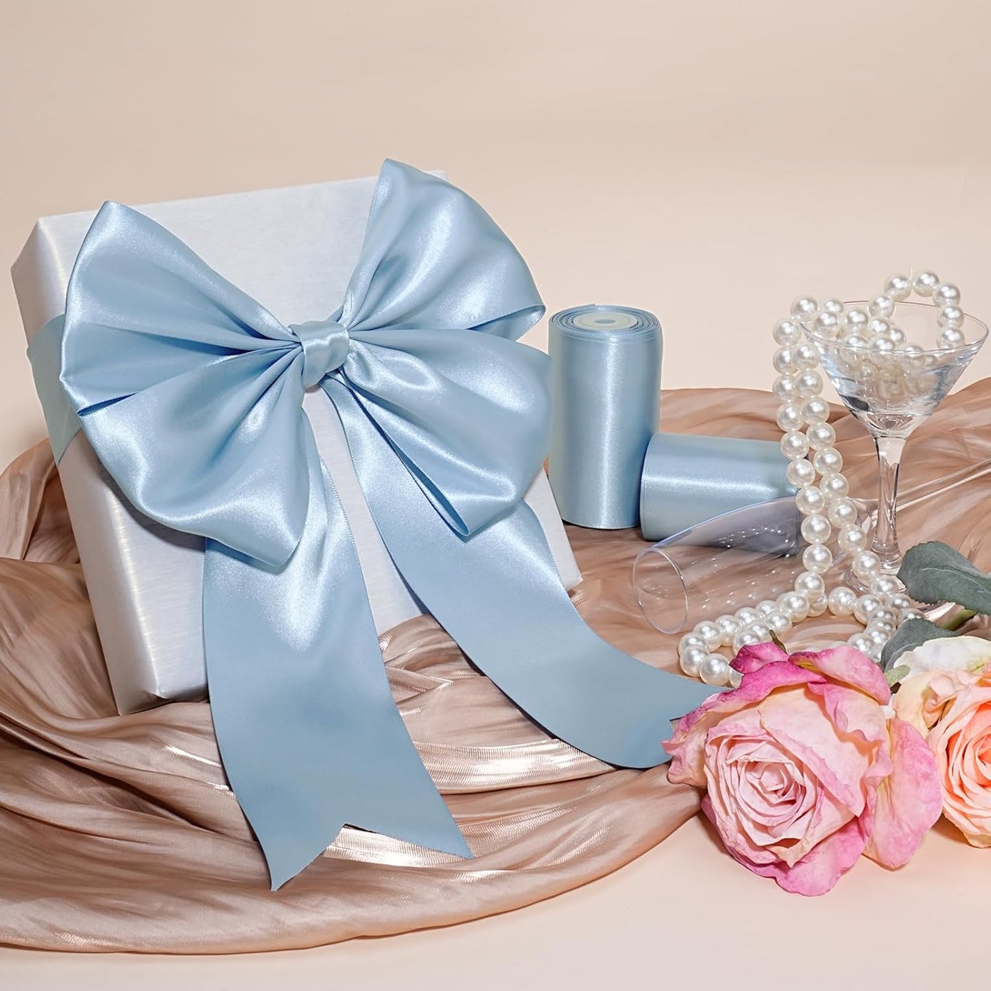 LaRibbons Light Blue Satin Ribbon 4 Inch 10 Yards Double Faced Luxury Baby Blue Silk Ribbon for Gift Wrapping Flower Bouquets Bow Christmas Wedding Party Decoration